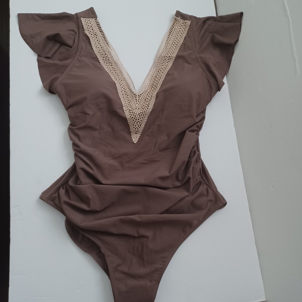 Womens One Piece Swimsuit sz Large Brown Flutter Sleeve Maternity Tummy Control